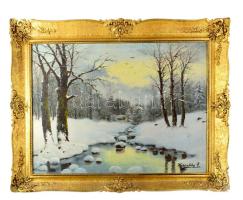 Kostyánfalvy jelzéssel: Téli táj. Olaj, vászon. Dekoratív fakeretben. 60×80 cm