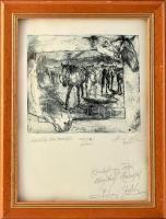 Lévai Ádám (1967-): Üdvözlőlap New Marketből (lovak), 1991. Rézkarc, papír, jelzett. Művészpéldány EA I/III számozással. Lévai Ádám autográf ajándékozási soraival. 12,5×15 cm. Üvegezett fakeretben.