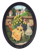 Kovács M jelzéssel: Három grácia és az udvarló. Olaj, vászon, szövet. 34×24,5 cm. Üvegezett fakeretben.