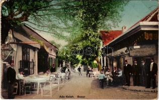 Ada Kaleh, Bazár, török üzletek és kávézó, osztrák-magyar katonák. M. G. / Turkish bazaar, shops and cafe, K.u.k. soldiers (képeslapfüzetből / from postcard booklet) (ragasztónyom / glue mark)