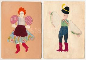2 db RÉGI kézzel készített, rátétes, magyar népviseletes lap / 2 pre-1945 hand-made, decorated Hungarian folklore cards