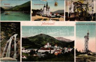 Mariazell (Steiermark), Erlafsee, Gnadenkirche, Altar, Marienwasserfall, Aussichtswarte am Bürgeralp / multi-view postcard (worn edges)