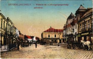 1934 Sátoraljaújhely, Wekerle tér, Pénzügyigazgatósági palota, üzletek. Vasúti levelezőlapárusítás 2074. 1917. (felületi sérülés / surface damage)