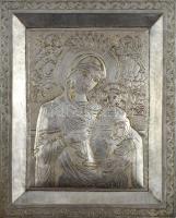 Mária a kis Jézussal, ezüstözött rézlemez ikonmásolat, 25x20 cm