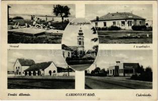 1941 Gárdony, Strand, református templom, utca, vasútállomás, cukrászda. Gárdonyi Fürdőegyesület kiadása (gyűrődés / crease)