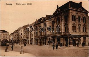 1915 Szeged, Tisza Lajos körút, Markovics Lajos, Moskovitz Lajos üzlete, zálogház, Kunerol reklám, villamos. Vasúti Levelezőlapárusítás 4518. (EK)