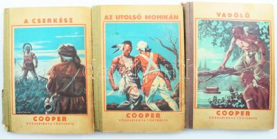 James Fenimore Cooper 3 regénye (Bőrharisnya-történetek): A cserkész.; Az utolsó mohikán.; Vadölő. Az ifjúság számára átdolgozta (ford.): Honti Rezső. Haranghy Jenő rajzaival. Bp., [1937], Hungária. Kiadói félvászon-kötés, változó állapotban, a gerinceken sérülésekkel.