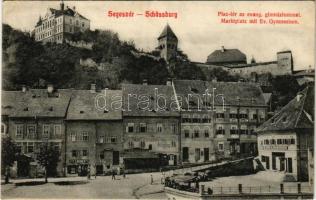 1912 Segesvár, Schässburg, Sighisoara; Piac tér az evangélikus gimnáziummal, F. Lingner, H. Gross üzlete / market square, Lutheran church, shops + "BRASSÓ - BUDAPEST 15 D" vasúti mozgóposta bélyegző (EK)