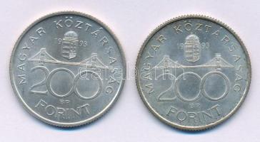 1993. 200Ft Ag "MNB" (2x) T:AU,XF patina Adamo F13