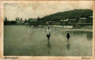 1927 Balatonboglár, strand, kabinok a Balaton partján (lyukak / pinholes)