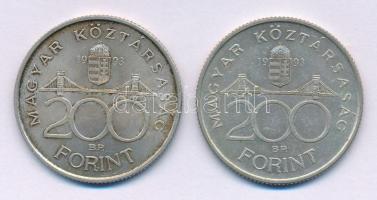 1993. 200Ft Ag "MNB" (2x) T:AU,XF patina Adamo F13