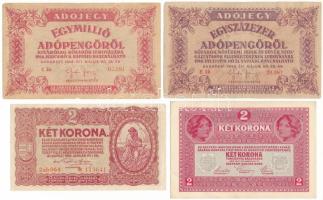 1917. 2K zöld "DEUTSCHÖSTERREICH" felülbélyegzéssel + 1920. 2K csillagos sorszámmal + 1946. 100.000AP sorszámmal, vízjeles papíron + 1.000.000AP sorszámmal, vízjeles papíron T:XF-VG