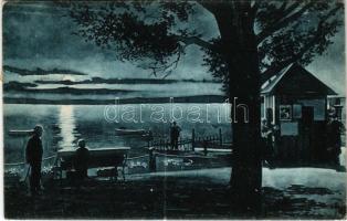 1927 Balatonfüred, Csónakkikötő este holdfényben. Oblatt Árpád kiadása (fa)