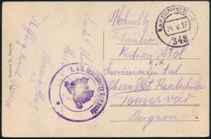 1917 Tábori posta Vaskapu képeslap Temesvárra küldve "K.u.k. Sschiffberge Kommando" , "K.u.K. ETAPPENFELDPOSTAMT / 348"