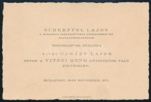 1940 Bp., Értesítő vitézi rendbe való felvételről vitéz Újházy Lajos nevére