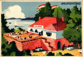 Balatonfüred, Liliom étterem, kávéház, bár, cukrászda, borpince. Tulajdonos Ujváry Rezső, a budapesti Liliom társtulajdonosa. Reklámlap, litho