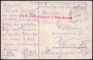 1918 Tábori posta képeslap Bécsbe küldve / Field postcard to Vienna piros / red "K.u.k. Werftkommando in Turn-Severin" , "HADTAP POSTAHIVATAL / 419"