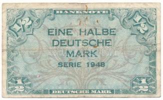 Német Szövetségi Köztársaság 1948. 1/2M T:VG, közép-kereszt hajtásnál lyuk GFR 1948. 1/2 Mark C:VG, hole at the middle-cross fold Krause P#1