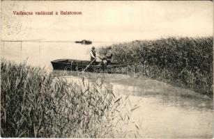 Balaton, vadkacsa vadászat a Balatonon, vadász puskával a csónakban, nádas (fl)