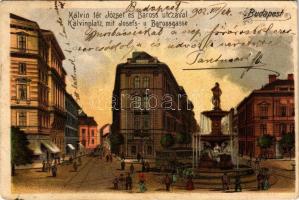 1902 Budapest VIII. Kálvin tér, József és Baross utca, villamos, gyógyszertár, szökőkút. litho (EB)