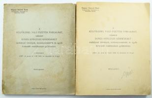 A külfölddel való fizetési forgalmat, valamint egyes hitelügyi kérdéseket szabályozó törvények, kormányrendeletek és egyéb fontosabb rendelkezések gyűjteménye. (1931. évi július hó 14-től 1936. évi december hó 31-ig.) + I. Pótfüzet. (1937. év január hó 1-től 1938. évi december 31.-ig.) Kézirat gyanánt. Bp., Magyar Nemzeti Bank Közgazdasági, Tanulmányi és Statisztikai Osztály, 4+XIII+1+316 p., 4+V+1+126 p. Borító nélkül és kiadói papírkötésben, az utóbbi szakadt, foltos borítóval.