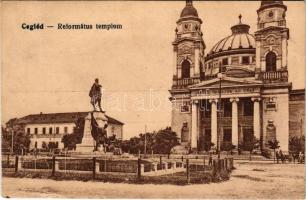 1918 Cegléd, Református templom, Kossuth Lajos szobor, Református elemi fiúiskola. Vasúti levelezőlapárusítás 9108. (gyűrődés / crease)