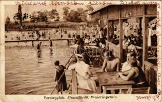 1933 Veresegyház, strandfürdő, Wekerle pensio, fürdőzők + "VÁC - RÁKOSPALOTA - ÚJPEST 190" sz. vasúti mozgóposta bélyegző (EB)
