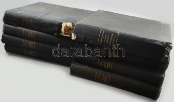 Az Osztrák-Magyar Monarchia közös kiadásainak és bevételeinek előirányzata az 1888-ik, 1894-ik,1897-ik, 1899-ik, 1901-ik, 1902-ik, 1903-ik, 1909-ik év(ek)re. Mellékletekkel együtt. Összesen 8 kötet. Bécs,1887-1893-1908, Cs. és Kir. Udvari és Állam-Nyomda. Átkötött egészvászon-kötések, kopott borítóval, sérült gerinccel, nagyrészt sérült gerincekkel, egy rossz állapotban, régi bélyegzésekkel.