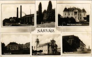 1932 Sárvár, cukorgyár, vár, Kossuth tér, Báró Hatvani kastélya, polgári fiúiskola, római katolikus templom. Milfai Ferenc kiadása (fl)