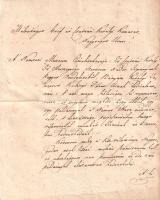[Kézirat] Kubinyi Miklós (1775-1845) pesti ügyvéd levele a Nemzeti Múzeum könyvtára vezető tisztségviselőjének, a bátyja által írt genealógiai kötet kísérőleveleként. (1827). Kelt: Pesten, 1827. november 16. Egyetlen levél, mérete: 245x 195 mm, két oldalán összesen 23 beírt sorral. Kéziratos dokumentumunk a neves pesti ügyvéd, Kubinyi Miklós (1775-1845) levele, melyet egy mellékelt családtörténeti munka kísérőleveleként a Nemzeti Múzeum állománygyarapodási ügyekben hivatalos, magas rangú tisztviselőjének írt. A szóban forgó kötet Kubinyi Péter (1765-1835) Hont megyei táblabíró, császári és királyi tanácsos családtörténeti munkája, "Genealogia familiae de Felső-Kubin. Fratribus suis dicata" címmel, mely saját, több évszázados múltra visszatekintő felvidéki családjának történetét dolgozza fel. A munka első kiadása 1814-ben jelent meg, második, javított és bővített kiadása 1824-ben, szintén Kubinyi Péter magánkiadásában. Levélírónk (a családtörténeti munka szerzőjének öccse) állománygyarapítási célzattal ajánlja a tisztviselő figyelmébe a nemrégiben új kiadásban megjelent, latin nyelvű genealógiai könyvet. Emlékezetes reformkori kommunikációs fordulatokat őrző levelünk szövege: "Méltóságos Gróf és Császári Királyi Kamarás, Nagyságos Uram! A' Nemzeti Muzeum [Régiségtára], Eő Császári Királyi Fő Herczegsége, szeretett nádor ispányunk kegyes rendeléséből, bátyám, királyi tanácsos Kubinyi Péter úrnak dedicáltatván: Ő azt maga költségén kinyomtattatta, és engemet megkére, hogy abbúl egy egy példánnyal a' Nemes Haza érdemessebb, s dicsőssége terjesztésében buzgó részvétellel munkás fiának az ő nevében kedveskednék. Követvén pedig a' közvéleményt, Nagyságodat azok közzé méltán számítanom kell, és ahhoz képest van szerencsém az ide zárt példánnyal alázatosan kedveskedni. A' ki egyébbaránt Nagyságod becses úri favoriba és kegyeibe {kerülve}, mély tisztelettel maradok Nagyságodnak alázatos szolgája: Kubinyi Miklós. Pesten, November 16-kán 1827." Levelünk záradékának ritka fordulata az "becses úri favoriba" kifejezés, melyet a korabeli írásos kommunikáció a "kitüntető figyelmébe" értelmében használt. Kitűnően olvasható, szép állapotú levél, apró rozsdafoltossággal, hajtogatva.