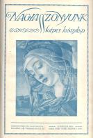 [Folyóirat] Nagyasszonyunk. Képes leánylap. Szerkeszti: Orbán Dezső. Megjelenik évente tízszer. VIII. évfolyam, 1-10. szám. (1911. szeptember 1. - 1912. június 1.) [Teljes évfolyam, egybekötve.] Budapest, 1911-1912. ("Élet" Irodalmi és Nyomda Rt.) [4] + 320 p. Az 1904 szeptembere és 1944 novembere között megjelenő Nagyasszonyunk című illusztrált irodalmi és ismeretterjesztő havilap a katolikus leányifjúság részére készült, a tanév hónapjainak megfelelően évente tíz számban. Mesék, elbeszélések, útirajzok és kézimunka cikkek mellett művészettörténeti és természettudományi ismeretterjesztő írások alkotják a folyóirat gerincét. Évfolyamunk lapszámaiban folytatásos regényként szerepel Orbán Dezső történelmi regénye, "A fejedelem virágos kertje" címmel, Horn Antal grafikusművész részletgazdag rajzaival. Ábel Janka felvételekkel kísért útirajz-sorozata nyolc részben kalauz végig Európán. Kegyesebb témát jelent Tordai Grail Erzsi segédszerkesztő "Idő és öröklét" című színműve, három folytatásban. Katolikus szempontú nőtörténeti érdekességekkel szolgál Prohászka Ottokár cikke "Az új leánytípus" címmel. A tartalomból: Telek Antalné: A kis boszorkány -- Gyökössy Endre: Az aranypénzek királya -- Tutsek Anna: Cilike viszontagságai -- Kanizsay Ferenc: A jó barátnő -- Az oki-szigeti kis nyúl (japán mese) -- Napkeleti mesék -- Sík Endre: Karácsony éjjelén -- Sík Sándor: Himnusz a szeretetről -- Szalay Mátyás: A keresztesek éneke -- Szonettek Petrarcától -- Szonettek Mickiewicz Ádámtól -- Longfellow: Esős nap -- Az ajándékozás művészete -- A kolozsvári Marianum -- Katholikus Leányok Országos Szövetsége -- A magyar nő feladata -- A nemes csipke -- Az emberi testről -- A fonográf és a gramofon -- A hangok csodás birodalmában -- Az óra ősei -- A női kalap múltjából -- Bokor Malvin: Mit olvassunk? A folyóiratszámok illusztrált első és hátsó borítói, valamint az évfolyamkötet első és hátsó borítója a kötet végére kötve. Az első szám kétszer szerepel. Lakatos 1928. Aranyozott gerincű korabeli félvászon kötésben. Jó példány.