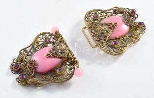 Díszes antik filigrán övcsat, rózsaszín kő és gránát berakásokkal, 7x4 cm