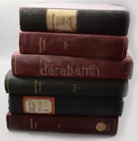 1910-1947 Közgazdasági Értesítő 6 kötete:  1910 V. évf. 34-39. sz. 1263-2446 p., 1935 XXX. évf. 1-26. sz., 1940 XXXV. évf. 27-52. sz., 1942 XXXVII. évf. 27-52. sz., 1943 XXXVIII. évf. 1-27. sz., XL. évf. 36-52. sz. Félvászon-kötésekben, intézményi bélyegzésekkel.
