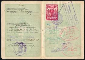 1928 A Magyar Királyság által kiállított útlevél Doroszlai Sándor részére, fénykép nélkül, osztrák é...