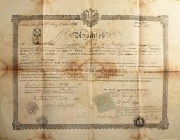 1862 A császári-királyi 65. Lajos Viktor gyalogezred (K. k. Infanterieregiment Erzherzog Ludwig Viktor Nr. 65) elbocsátólevele (obsit), papírfelzetes viaszpecséttel, viseltes állapotban, ázásnyomokkal, 41x50 cm