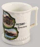 Pozsonyi emlékbögre. Pozsony-Pressburg felirattal, híres pozsonyi épületek ábrázolásával, cca 19. sz. második fele, jelzés nélkül, kis kopással, m: 9,5 cm /// Bratislava souvenir mug. With Pozsony-Pressburg inscription and depictions of famous Bratislava buildings, circa second half of the 19th century, unmarked, minor wear, height: 9.5 cm.