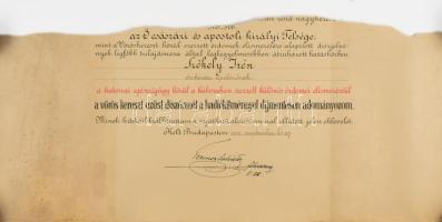 1915 A "Vörös Kereszt Ezüst Díszérme hadiékítménnyel" kitüntetés adományozó oklevele Széke...