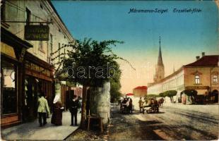 1916 Máramarossziget, Sighetu Marmatiei; Erzsébet főtér, Központi drogéria, Stern Dávid, Ungár Sándor vésnök és Koncs Antal üzlete. Wiezner &amp; Dávid / square, drogueria, shops (kopott sarkak / worn corners)