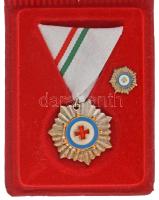 DN (~1980-1990) "Vöröskeresztes Tevékenységért Kitüntetés Ezüst Fokozat" ezüstözött bronz kitüntetés mellszalagon, miniatűrrel, műbőr dísztokban T:XF, patina, a miniatűrön zománchiba