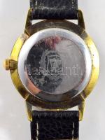 Svájci karóra, lekopott számlappal, bőr szíjjal, mechanikus, működik, d: 32 mm