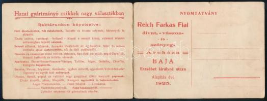 cca 1910 Baja, Reich Farkas Fiai Divat-, Vászon- és Szőnyeg-Áruháza kinyitható, képes reklámlapja, r...