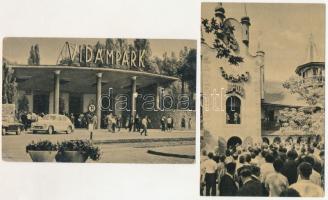 Budapest XIV. Városliget, Vidám Park - 2 db MODERN képeslap: bejárat, Elvarázsolt kastély, automobil (Képzőművészeti Alap)