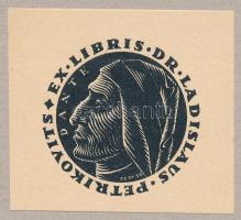 Fery Antal (1908-1994): Ex libris Dr. Ladislaus Petrikovits (Dante), 1939. Klisé, papír, jelzett a metszeten, hátoldalán Fery Antal és Kigrafika Barátok Köre bélyegzésével, teteje kartonra kasírozva, d: 4 cm