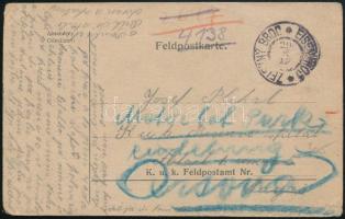 1917 Tábori posta levelezőlap tartalékkórházba címezve, majd kék postairónnal újra címezve Orsovába / Field PS-card "ŽELEZNY BROD / EISENBROD" to Reserve Hospital and forwarded to the Motor Park Abteilung, Orsova