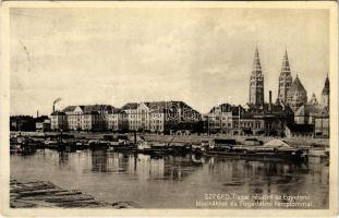 1931 Szeged, Tiszai részlet az Egyetemi klinikákkal és a Fogadalmi templommal, uszályok (EK)