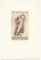 Kékesi László (1919-1993): Ex musicis Réthy Zoltán (erotikus ex libris), rézkarc, papír, jelzett, 8,5×5,5 cm