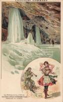 Dobsina ice cave with Hungarian folkdance and Chocolat Lombart advertisement litho