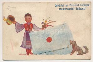 Budapest XII. Erzsébet királyné Szanatórium, leporellólap 10 kis képpel: belsők. s: Klaudinyi