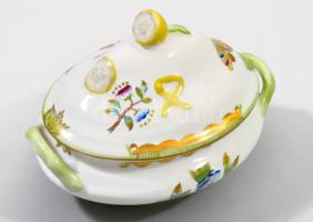 Herendi Viktória mintás fedeles edény, citromfogóval, jelzett, kézzel festett, hibátlan, 13x10 cm