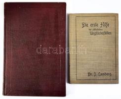 Dr. J. Lamberg: Die erste Hilfe bei plötzlichen Unglücksfällen. Wien, 1914, Wiener Freiwillige Rettungs-Gesellschaft, 80 p.+1 t. 15. Auflage. Német nyelven. Fekete-fehér illusztrációkkal. Kiadói egészvászon-kötés, kissé kopott, kissé foltos borítóval. + Kurzes Reptitorium der Geburtshilfe. Als Vademecum für die Prüfungen sowie für die Klinik und Praxis. Leipzig - Wien, én., M. Breitenstein, 87 p. Német nyelven. Fekete-fehér illusztrációkkal. Átkötött egészvászon-kötés.
